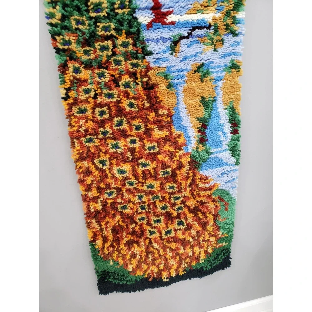 LARGE Vintage Latch Hook Rug Completed Beach Sea Wall Hanging PEACOCK maximalist